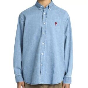 AMI PARIS Shirt Mens XL Blue Denim Oversized Button Down Heart Logo DE COUER